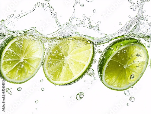 Lime Slices Splashing in Water on Green Background