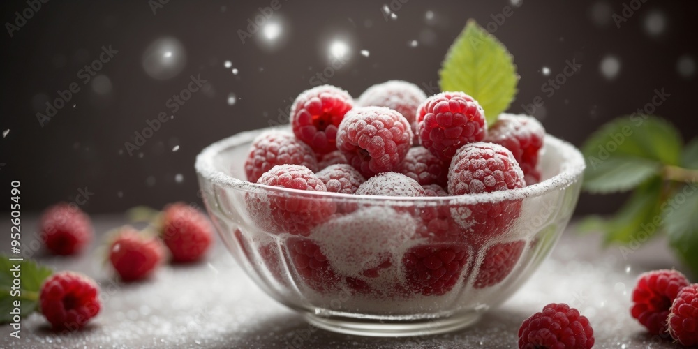 Dessert bowl with raspberries and powdered sugar in sparkling light. Dessert bowl with raspberries and powdered sugar in sparkling light.