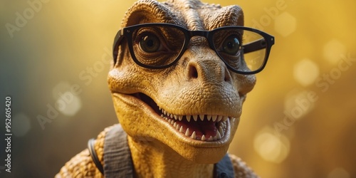 A Dinosaur Wearing Glasses on a Yellow Background.