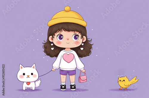 Girl and cat. Artistic background. Children's illustration for book. Book illustration. Desktop background. Cartoon stylized illustrated art.