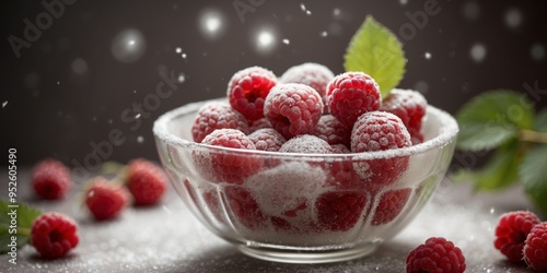 Dessert bowl with raspberries and powdered sugar in sparkling light.