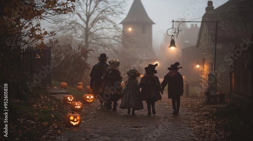 A foggy Halloween morning in a small village where a group of children in vintage costumes walk hand in hand through the misty streets with jack o lanterns glowing on doorsteps and an old church bell photo