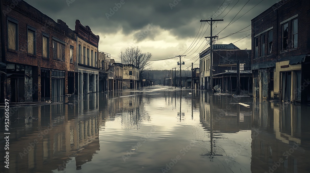 Eerie desolation: Abandoned flooded street with reflections in water Eerie desolation: Abandoned flooded street with reflections in water
