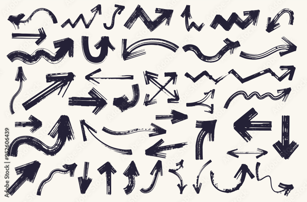 Big set of black hand drawn vector design arrows doodle on white background. Collection of bold brush drawn arrows of different sizes. Template element vector illustration. Big set of black hand drawn vector design arrows doodle on white background. Collection of bold brush drawn arrows of different sizes. Template element vector illustration.