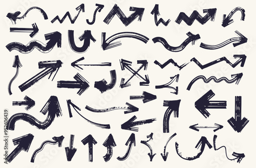 Big set of black hand drawn vector design arrows doodle on white background. Collection of bold brush drawn arrows of different sizes.  Template element vector illustration.
