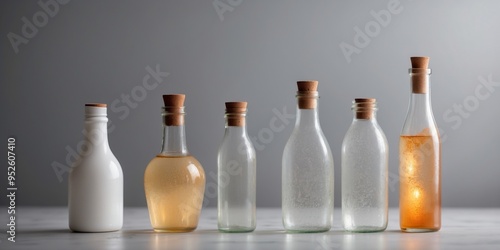 Assorted White Bottles upon Light Gray Background.