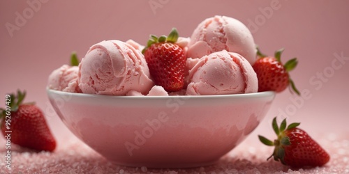 Delicious scoop of strawberry ice cream in a white cup sprinkled with freeze-dried strawberries on a soft pink background.