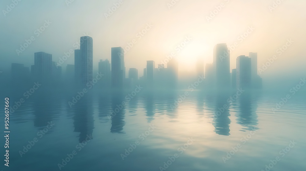 Fototapeta premium Serene Dawn in a Submerged Cityscape: Tranquil Waters and Faint Light