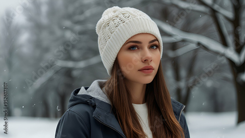 white Beanie Mockup for marketing, fashionable standing beanie mockup on the winter snowy background