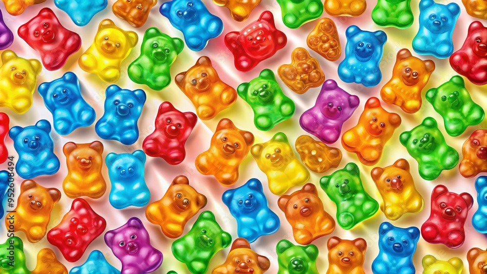 Vibrant gummy bear shapes in various colors and sizes filled the seamless repeat pattern, creating a playful and cheerful background for design projects. Vibrant gummy bear shapes in various colors and sizes filled the seamless repeat pattern, creating a playful and cheerful background for design projects.