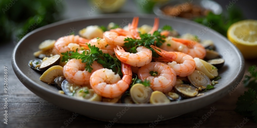 a dish of shrimp and abalone with lemon and parsley. a dish of shrimp and abalone with lemon and parsley.