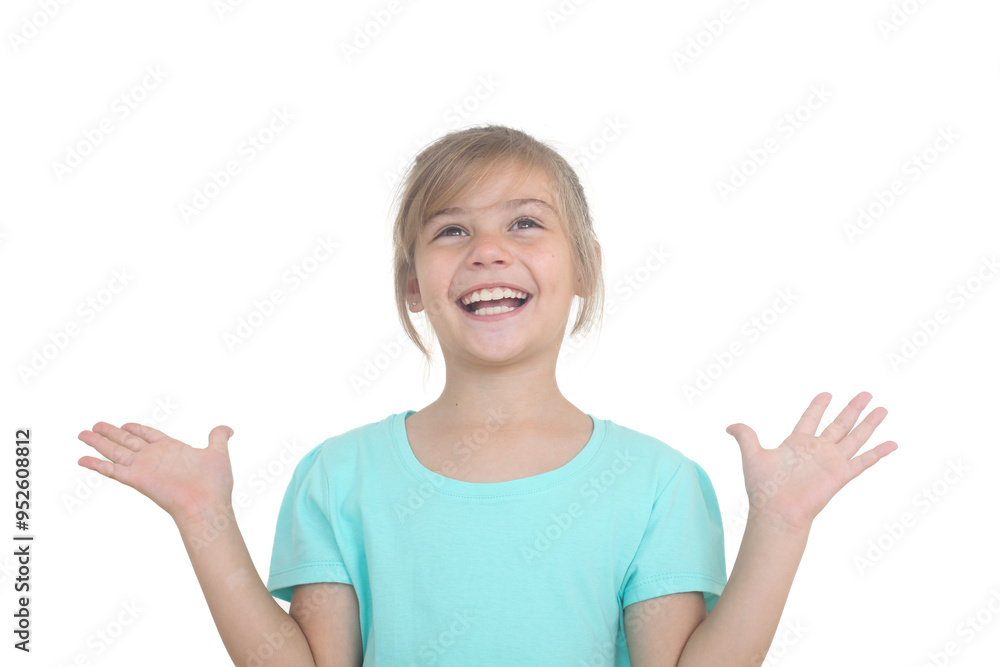 cute happy little girl with open arms looking up with excitement on white background cute happy little girl with open arms looking up with excitement on white background