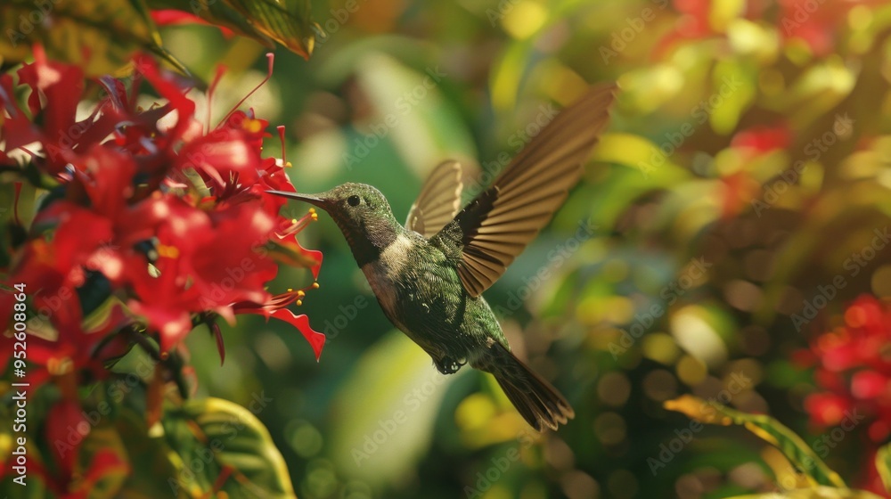 Obraz premium A hummingbird is perched on a red flower