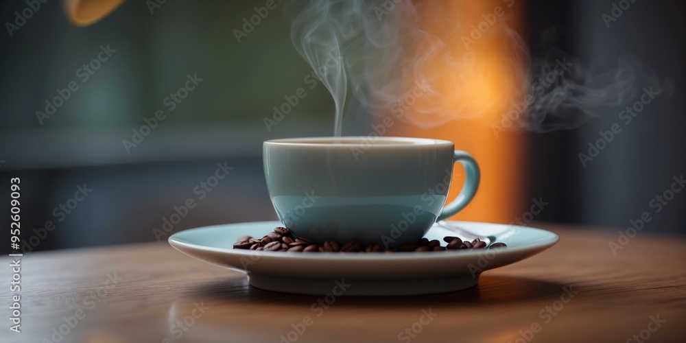A tight shot of a steaming cup of coffee atop a saucer A spoon and spoon rest are positioned next to it on the saucer. A tight shot of a steaming cup of coffee atop a saucer A spoon and spoon rest are positioned next to it on the saucer.