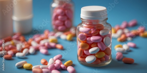 Colorful pills on a blue and pink background illustrating the consequences of non-compliance prescription compliance. photo