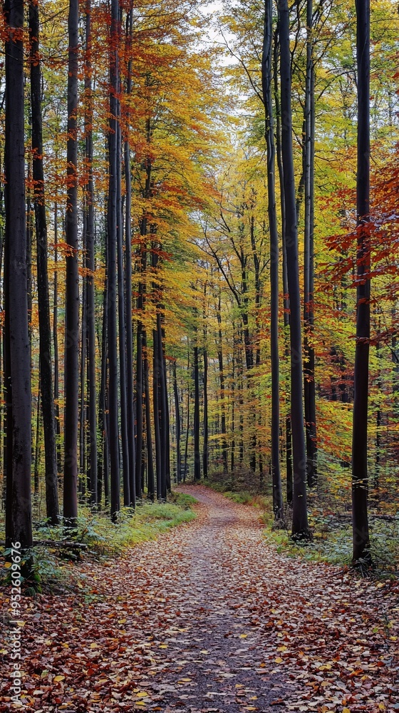 A winding path through a forest, lined with tall trees and covered in fallen leaves. A winding path through a forest, lined with tall trees and covered in fallen leaves.