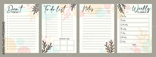 Planner tempalte set, A4 page layout vector, to do list, notes, weekly planner, don't forget text notebook pages, organic art floral line art design backgrounds