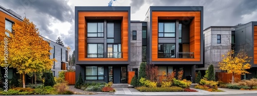 Contemporary townhomes, modern architecture, geometric shapes, mixed materials like wood and concrete, large windows, outdoor terraces, urban residential complex, fall foliage, landscaped courtyard photo