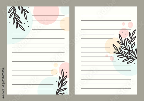 Floral hand drawn notebook page template set, A4 layout organic art design vector