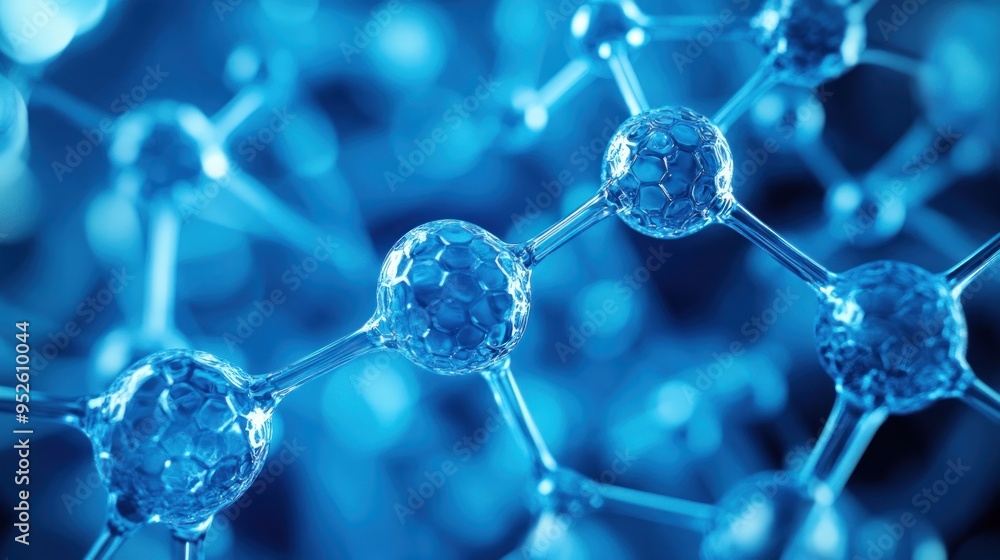 Molecular Structure in Blue, Glass-like molecular structure on a bright blue background. Suitable for science, technology and medical themes. Molecular Structure in Blue, Glass-like molecular structure on a bright blue background. Suitable for science, technology and medical themes.