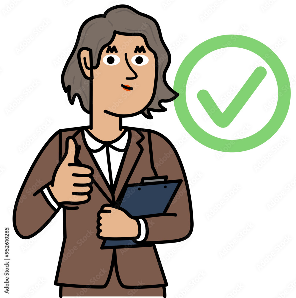 Cheerful female executive holding a board and making okay gesture.eps Cheerful female executive holding a board and making okay gesture.eps