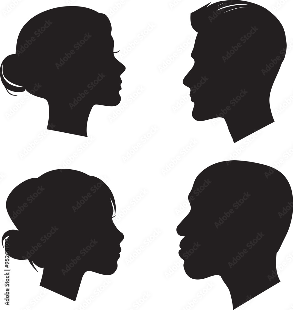Face Silhouettes of Four people. Vector illustration of men and women face silhouette. set of four silhouette profile. hair style. couples. face profile silhouette. Face Silhouettes of Four people. Vector illustration of men and women face silhouette. set of four silhouette profile. hair style. couples. face profile silhouette.