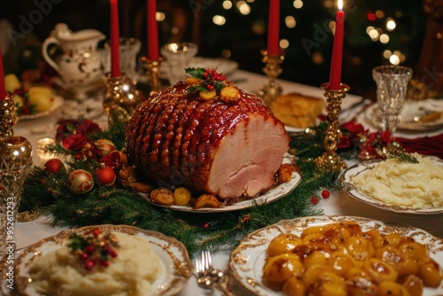 Glazed Ham with Side Dishes on a Festive Christmas Table