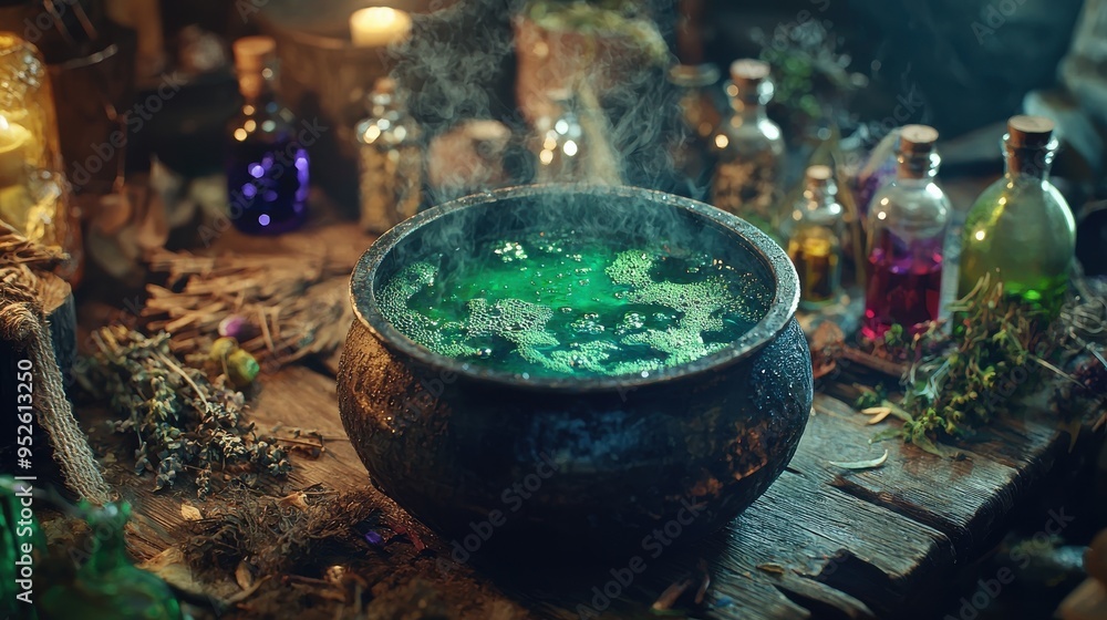 A close-up of a bubbling cauldron filled with a mysterious green liquid, surrounded by colorful potion bottles and dried herbs on a rustic wooden table A close-up of a bubbling cauldron filled with a mysterious green liquid, surrounded by colorful potion bottles and dried herbs on a rustic wooden table