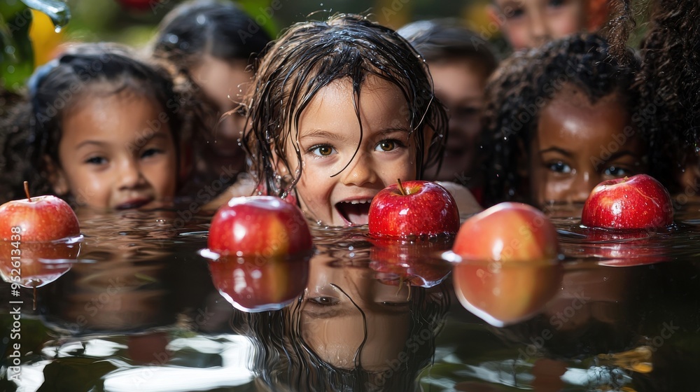 Fototapeta premium A traditional Halloween apple bobbing game with diverse children excitedly participating, their reflections shimmering in the water and apples floating around