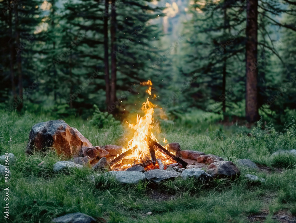 A fire is burning in a fire pit surrounded by trees. The fire is orange and the flames are high. The scene is peaceful and serene, with the fire providing warmth and light in the midst of the forest A fire is burning in a fire pit surrounded by trees. The fire is orange and the flames are high. The scene is peaceful and serene, with the fire providing warmth and light in the midst of the forest