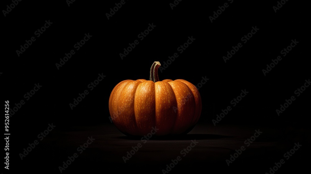 A minimalist photo of a single carved pumpkin glowing softly in the darkness, casting intricate shadows on a blank black background, evoking mystery and intrigue A minimalist photo of a single carved pumpkin glowing softly in the darkness, casting intricate shadows on a blank black background, evoking mystery and intrigue