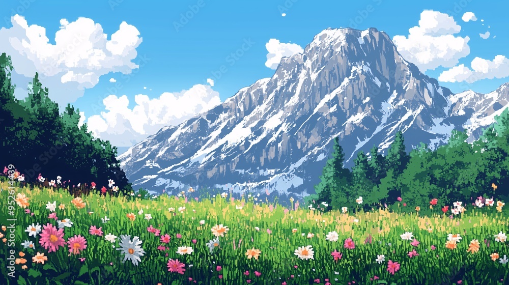 Fototapeta premium beautiful mountains with meadow and flowers landscape pixel art style panoramic view