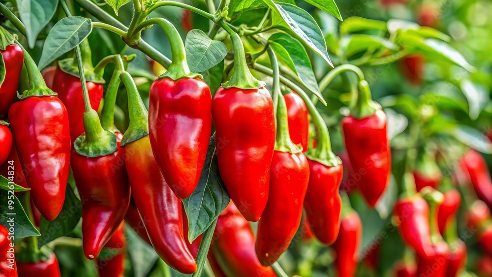 Vibrant red tabasco peppers, also known as Capsicum frutescens, grow on a stem in a lush green garden, ripe and ready for harvest. Vibrant red tabasco peppers, also known as Capsicum frutescens, grow on a stem in a lush green garden, ripe and ready for harvest.