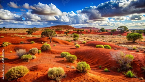 Vibrant red soil or clay-rich earth grounds a rustic landscape, possibly an African savannah or American Southwest terrain, with subtle texture and natural tones. photo