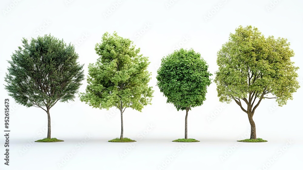 A collection of four distinct trees with green foliage A collection of four distinct trees with green foliage