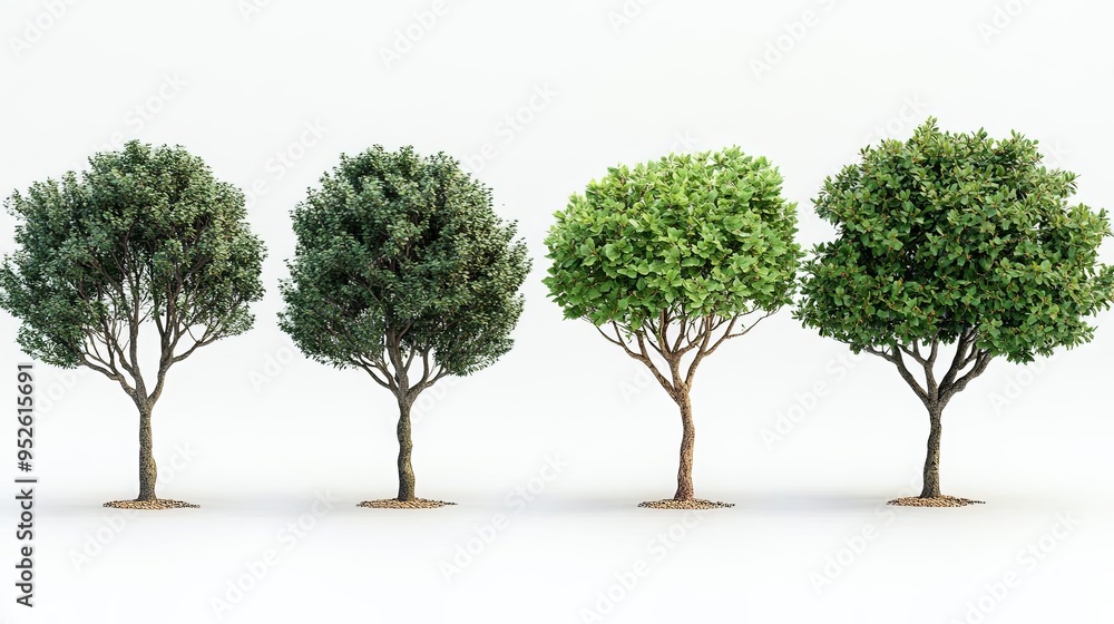 A collection of four distinct trees with green foliage A collection of four distinct trees with green foliage
