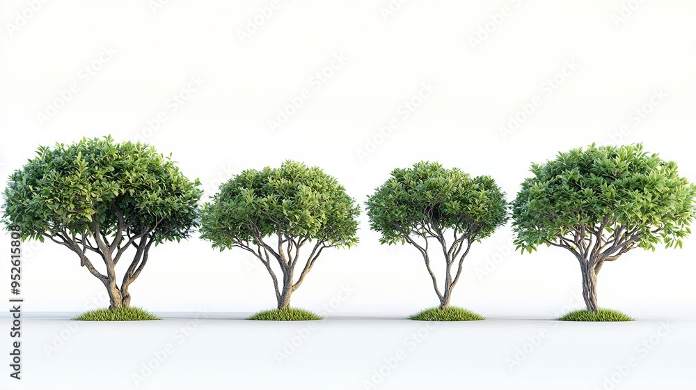 A collection of four unique trees with realistic green leaves A collection of four unique trees with realistic green leaves