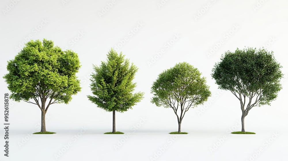 A grouping of four realistic trees with green foliage A grouping of four realistic trees with green foliage