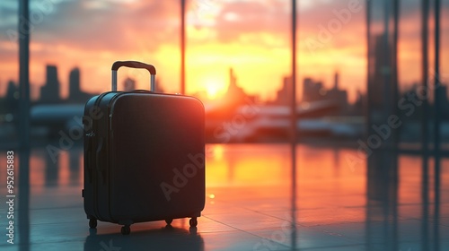 black baggage travel with blur sunset airport background waiting for departure concept photo