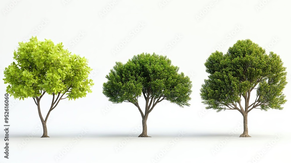 Obraz premium A set of four trees, each with green foliage and different shapes and sizes, against a clean white backdrop The trees are depicted with high detail and no ground shadows