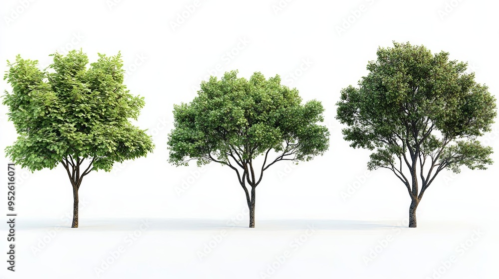 A set of four trees, each with green foliage and different shapes and sizes, against a clean white backdrop The trees are depicted with high detail and no ground shadows A set of four trees, each with green foliage and different shapes and sizes, against a clean white backdrop The trees are depicted with high detail and no ground shadows