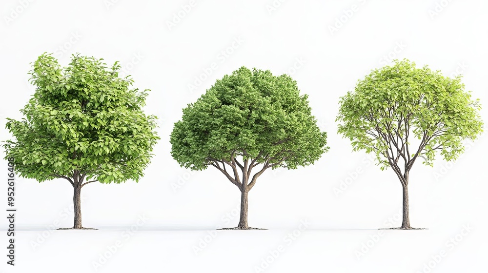 Four distinct trees featuring green leaves and different forms and sizes, set against a white background The image highlights hyperrealism with no shadows on the ground Four distinct trees featuring green leaves and different forms and sizes, set against a white background The image highlights hyperrealism with no shadows on the ground