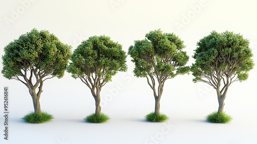 Four hyperrealistic trees of varying shapes and sizes, each with green foliage, displayed against a white background The image is detailed with no shadows on the ground