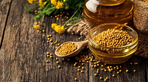 Composition of mustard and mustard seeds on wooden background photo