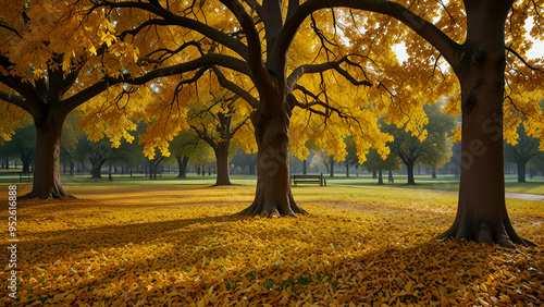 Autumn Park with oak tree's yellow leaves, creating a picturesque fall background.