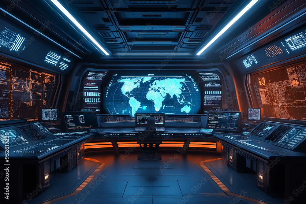 A computer room with a large screen showing a map of the world A computer room with a large screen showing a map of the world