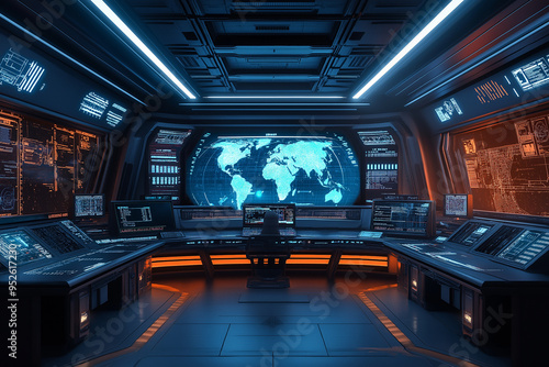 A computer room with a large screen showing a map of the world