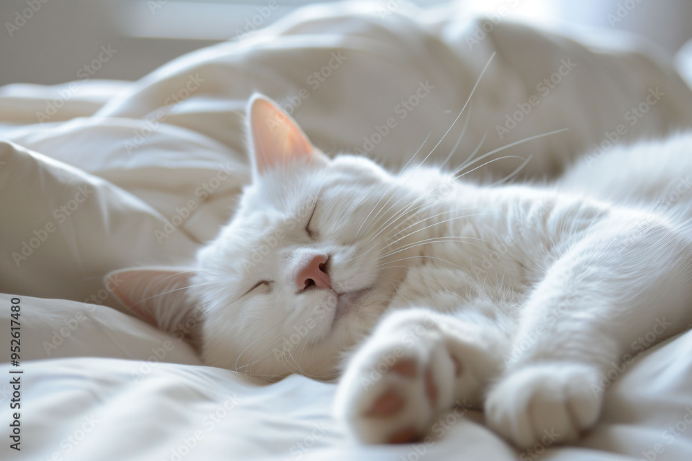 a white cat is sleeping on a bed a white cat is sleeping on a bed