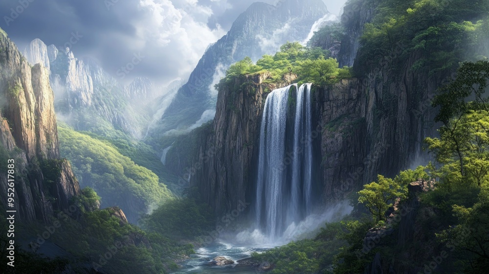 Fototapeta premium Cool artificial waterfall falling from the cliff