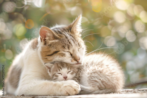 a cat and a kitten cuddle together on a ledge